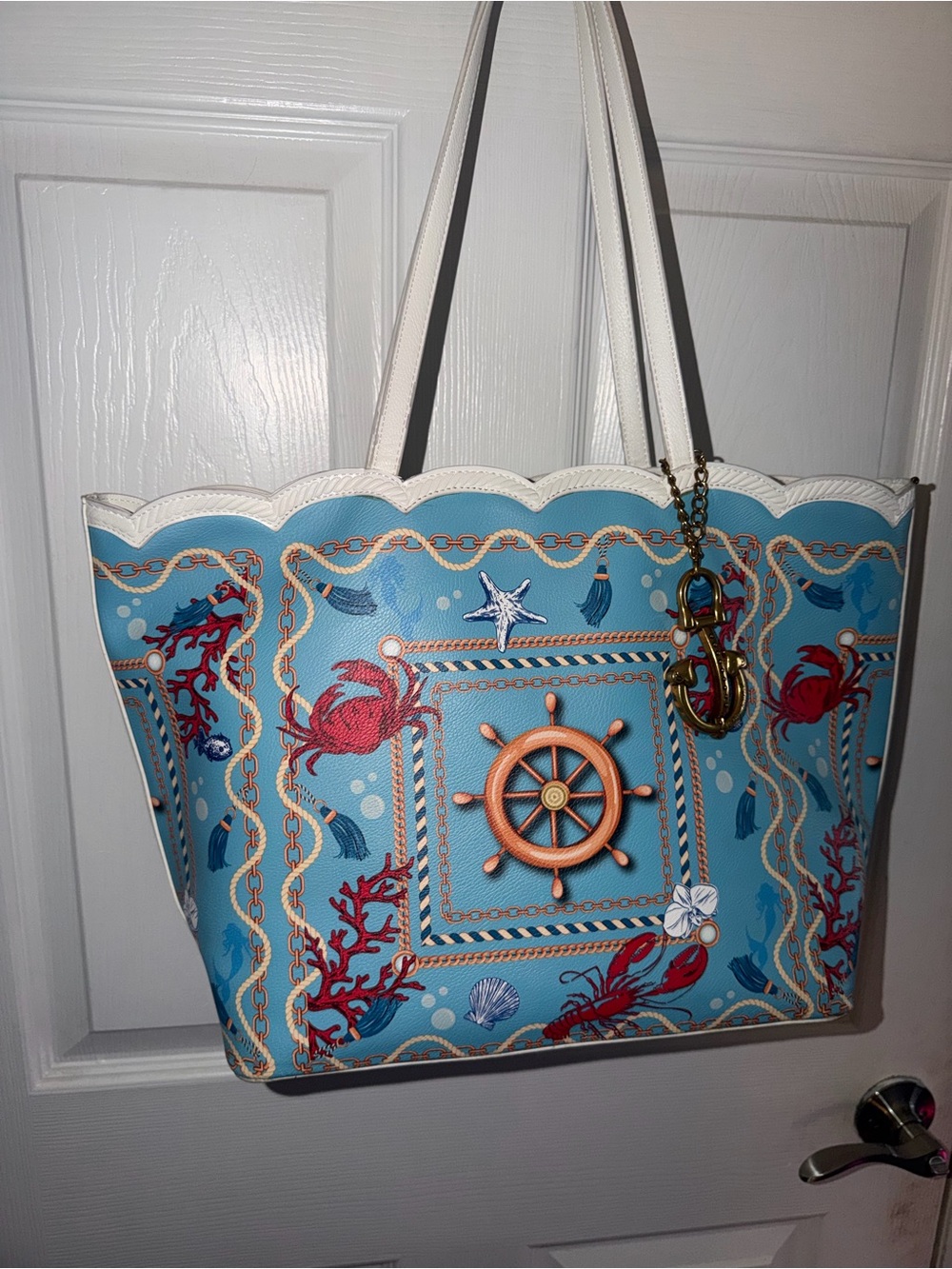 Betsey Johnson Light Blue Nautical Scallop-Top Tote with White Handles